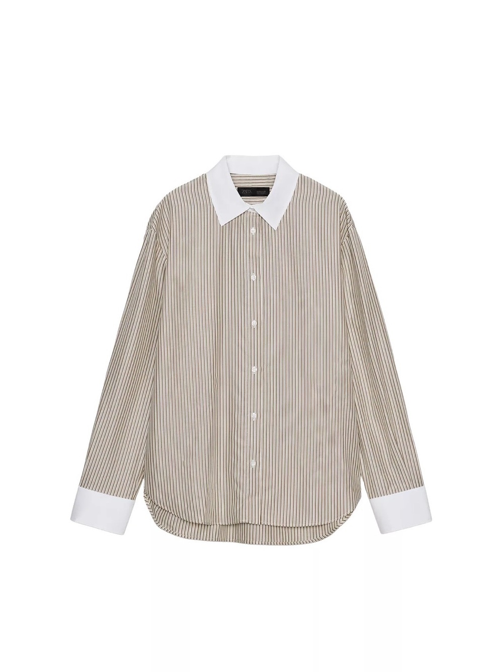 Zara Beige Pinstripe Shirt with White Contrast Collar NWT